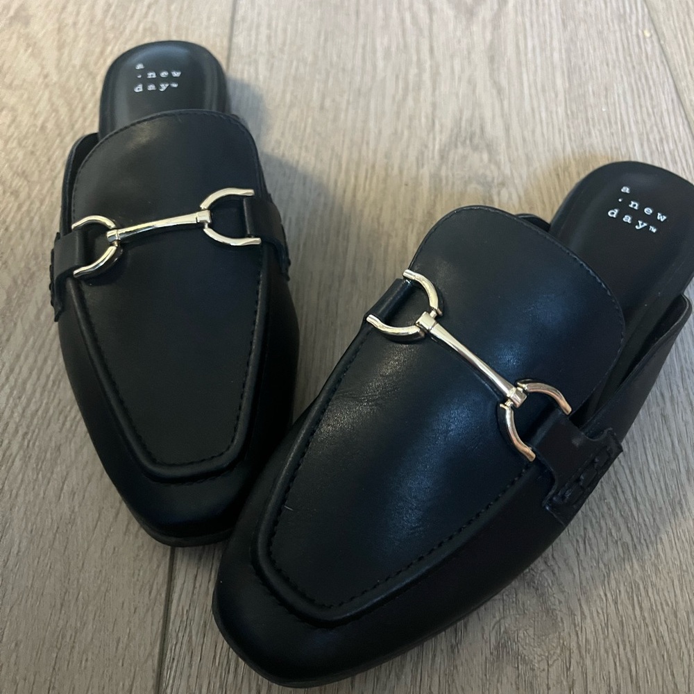 A New Day Black Mules with Gold Detail